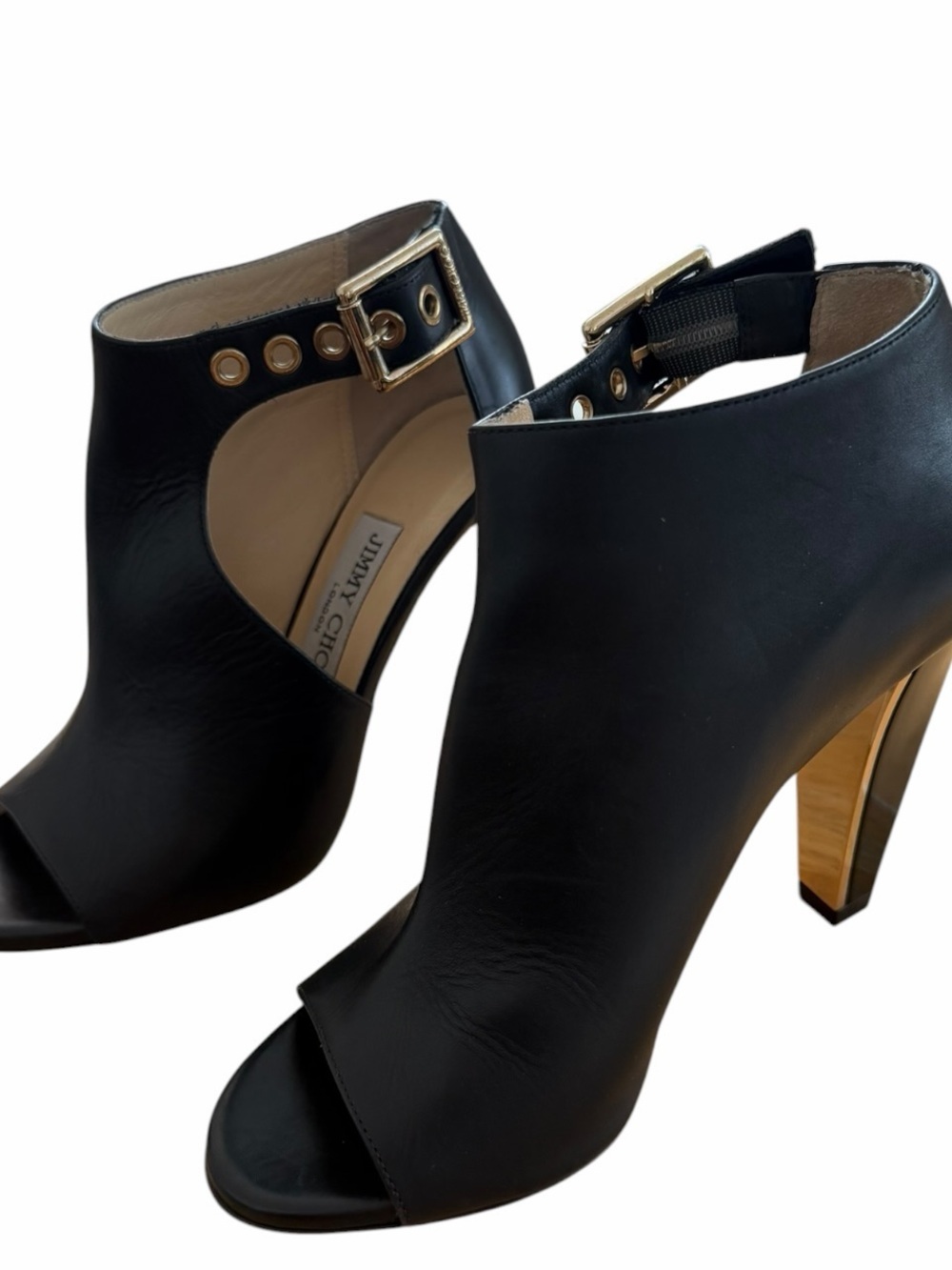 Jimmy Choo Black Leather Gold Accent Open Toe Ankle Booties Heels Size 35 / US 5 - Picture 6 of 11
